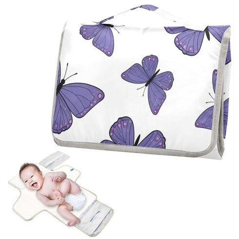Grkkuti Purple Butterfly Portable Diaper Changing Pad Foldable Compact Diaper Changing Mat with Built-in Pillow Baby