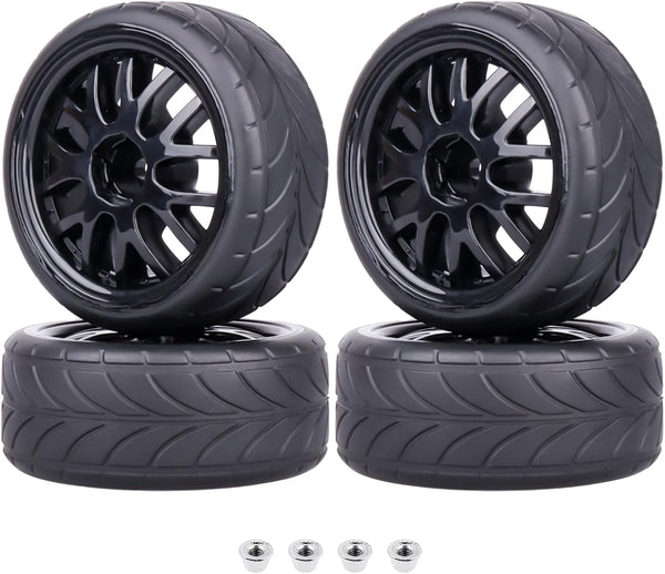 RC On Road Touring Tires and Wheels, Pre-Glued Set of 4 for 1/18 Traxxas Latrax Teton 1/10 4-Tec 2.0 3.0
