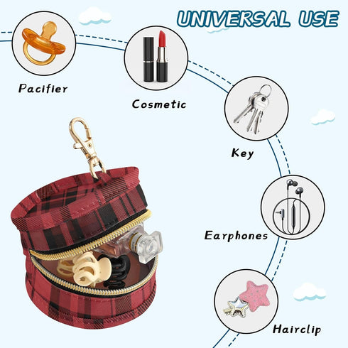 YETTASBIN Buffalo Plaid Portable Pacifier Holder Case with Metal Hook Buckle & Zipper for Diaper Bag and Stroller