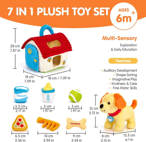 1 Set 1-3, hahaland Montessori Toys for Year Old Plush Puppy Sensory Toy with Dog House, Rattle, Crinkle, Mirror