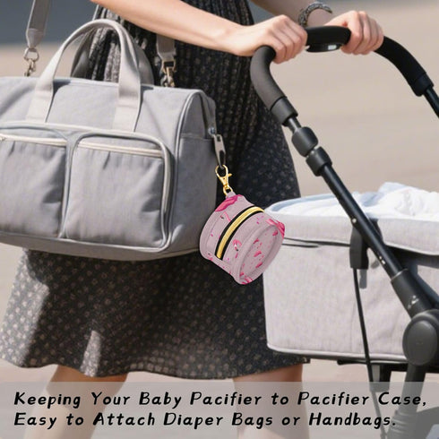 PYBUG Flamingos Round Pacifier Storage Case, Polyester & TPU Lined with Hook Buckle, Pacifier Container Box for Baby