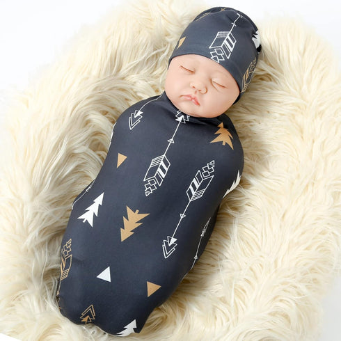 Galabloomer Newborn Swaddle Blanket with Beanie Set, Baby Boy Receiving Blanket Rainbow (Gold Arrow)