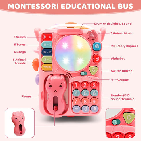 DELUTIQUE 1 12-18 1-3, 1st Baby Bus Toy for Year Old Girl Gifts, Montessori Musical Bus Toy for Baby Months, Baby Piano