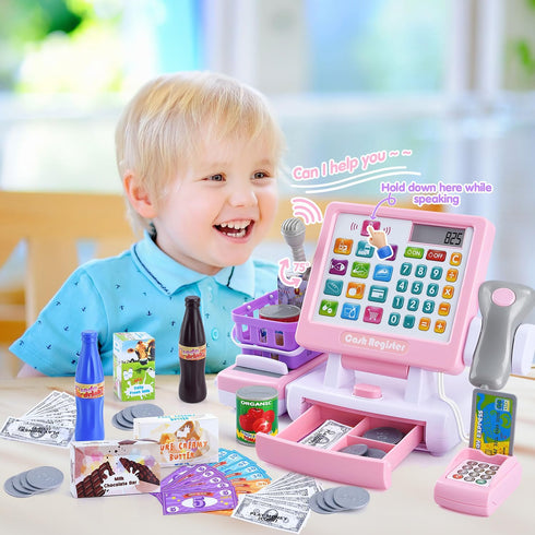 3+ PLAY Kids Cash Register Toy - Pretend Play Calculator Register Toys with Microphone/Conveyors/Play