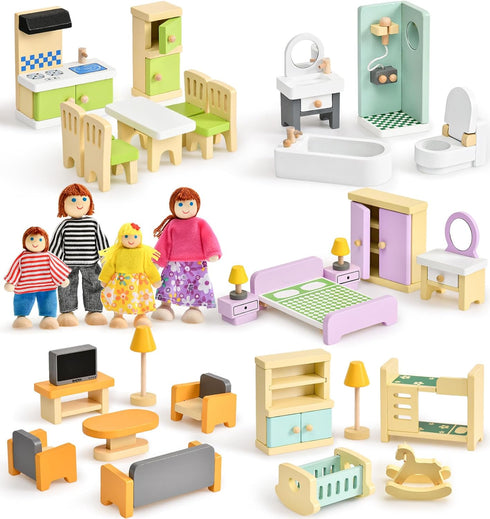 Toyssa Wooden Dollhouse Furniture Set, 36PCS Miniature Doll House Accessories with Colorful