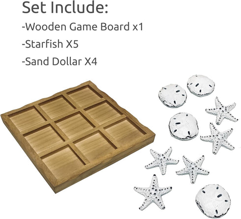 Wooden Tic Tac Toe Game with Sand Dollars and Starfish - Beach Decor Board Game for Family Gatherings, 9 x 9 inch, 14+