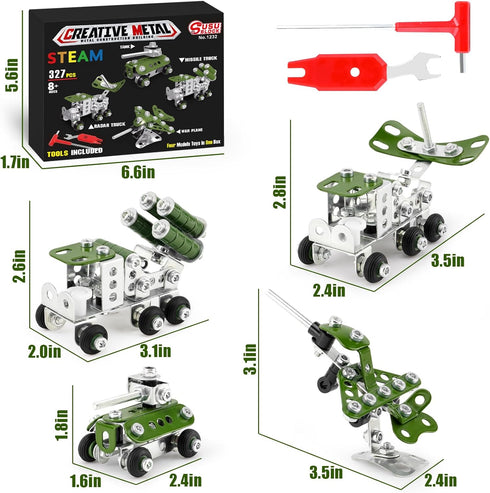 Building Toys for Boys Age 8-12, Erector Sets 4 Mini Army Vehicles Model, DIY Educational Birthday Gifts for Kids