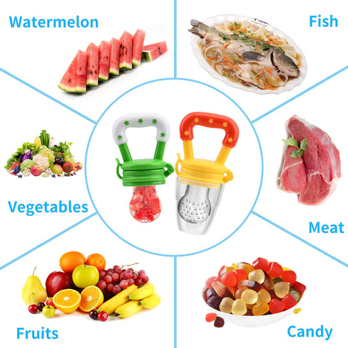 Food Feeder Baby Fruit Pacifier (3 Pcs) with 6 Different Sized Silicone Pacifiers, 90ML Spoons Clip, Infant Teething
