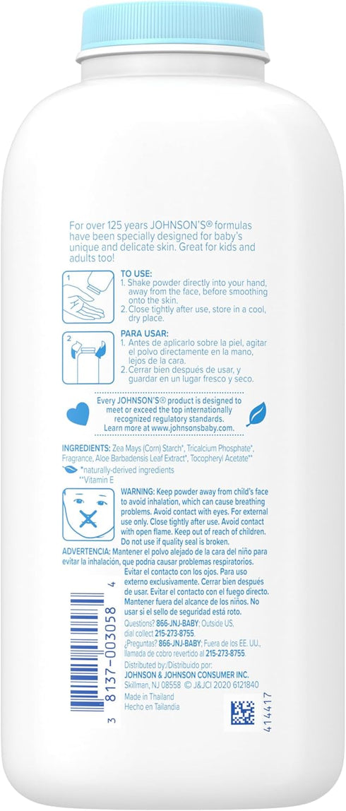 15 oz Johnson's Baby Powder with Naturally Derived Cornstarch, Aloe & Vitamin E for Delicate Skin, Hypoallergenic, Free