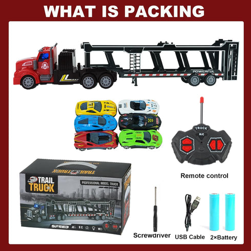 CALEST 6 14" 1:48 2 3-8 Remote Control Car Transporter Truck Includes Cars, Car Transporter Semi Truck Toy, Equipped