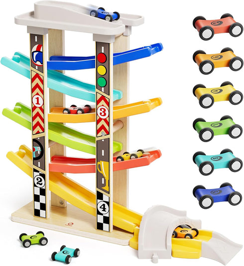 1-3 6 1 1 TOP Bright Wooden Race Track Car Ramp Toys for Toddlers Years Old with Mini Cars, Car Garage & Extra Bridges