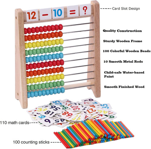 Wooden Abacus for Kids Math, 100 Counting Sticks & Number Cards 1-100, Educational Math Games for Preschool Learning