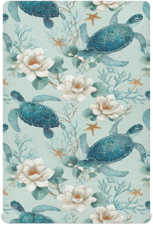 Pigsaly Crib Sheets Sea Turtles Flowers Baby Sheet for Standard Crib Mattress Boys