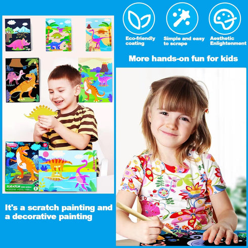 JUNQIU Scratch Art Paper Set for Kids, Dinosaurs Black Rainbow DIY Activity & Party Games, Gifts for Ages 3-8