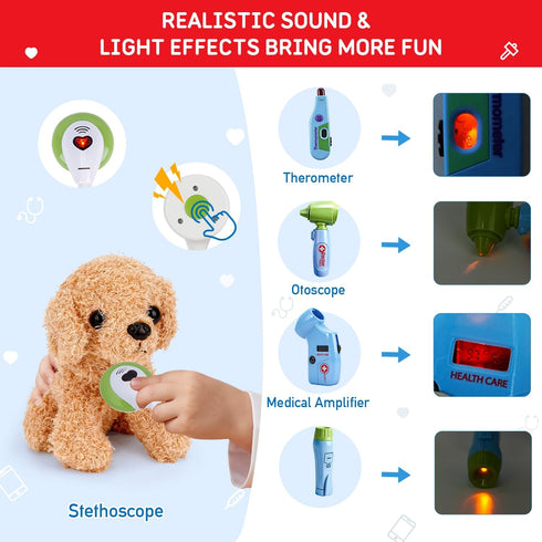 Set 3 4 5 6 Meland Toy Doctor Kit for Kids - Pretend Play Doctor with Dog Toy, Carrying Bag, Stethoscope Toy & Dress Up