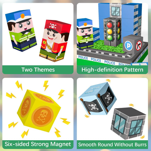 100 Set, Playset PCS Kids Magnetic Building Blocks, Police Station and Pirate Ship Theme, Educational Construction Toy