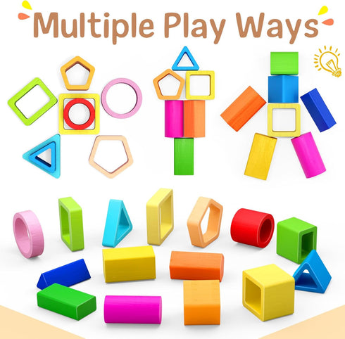 1 2 3 1-4 PEBIRA Montessori Toys for Year Old Boys Girls Toddlers, Heightened Peg-Free Wooden Stacking Toys, Shape