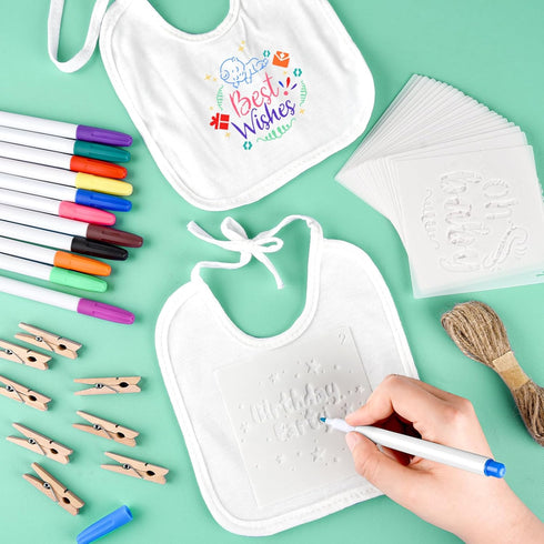 110 Set 24 12 24 50 1 Pcs DIY Baby Bibs Decorating Includes White Bibs, Fabric Markers, Stencils, Clothespins, Hemp
