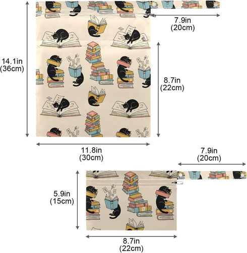 Burbuja 2 Pack, 2 Cat in Books Wet Dry Bags for Baby Cloth Diaper Waterproof Reusable Wet Bag with Zippered Pockets