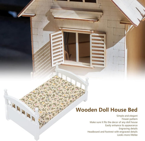 Wooden Doll House Bed, 1:12 Scale Miniature Bedroom Furniture Set with Mattress and Pillows