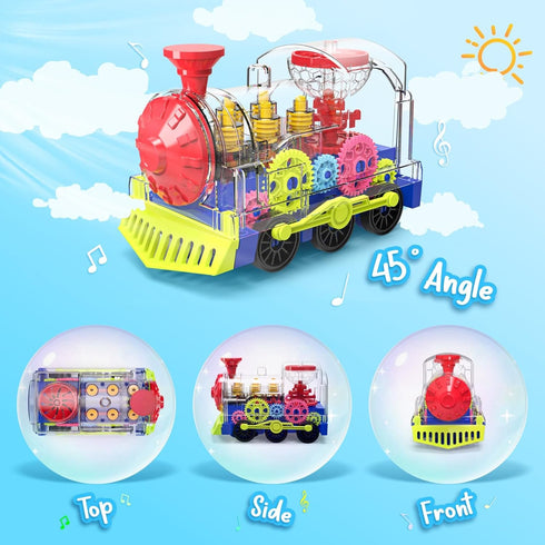 Kizeefun Light Up Train Toy for Toddlers: Educational Crawling Transparent Gear Car Toy with Cool Light and Music