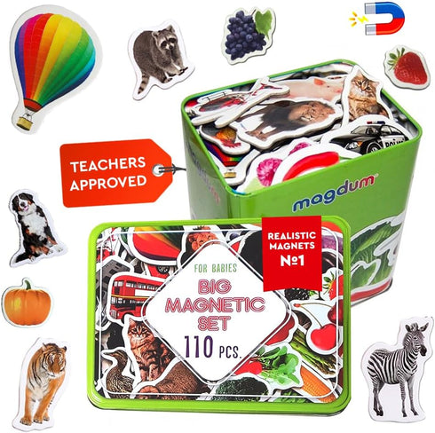 110 Fridge Magnets for Toddlers in Gift Tin Box | Kids Magnetic Animals for Refrigerator | Toddler Fridge Magnets