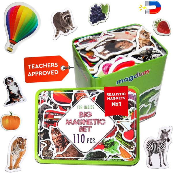 110 Fridge Magnets for Toddlers in Gift Tin Box | Kids Magnetic Animals for Refrigerator | Toddler Fridge Magnets