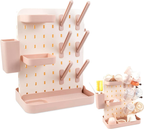 AKS B2C Countertop Baby Bottle Drying Rack Space Saving Vertical Rack with Brushes Holder (Pink)