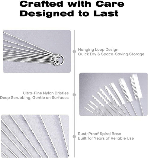 Set 10 (1/16" 1") Food-Grade Nylon Straw Brush - Sizes to - Safe for Baby Bottles & Hydro Flasks