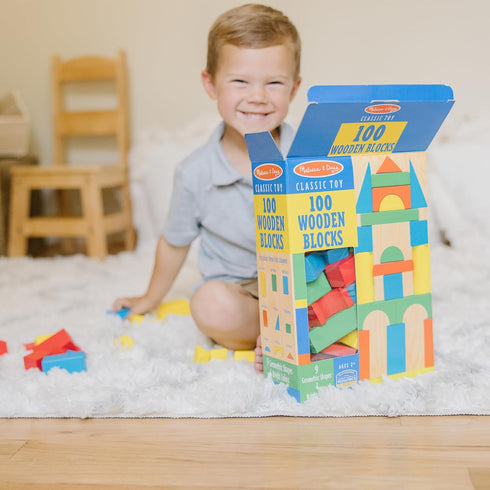 Melissa & Doug Wooden Building Blocks Set - 100 Blocks in 4 Colors and 9 Shapes, FSC Certified for Kids