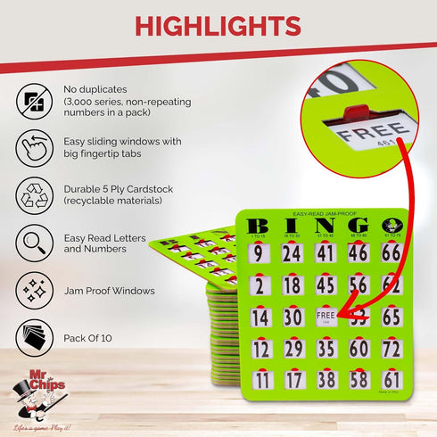 10 Pack MR CHIPS Jam-Proof Easy-Read Large Print Fingertip Bingo Cards with Sliding Windows in Green Style