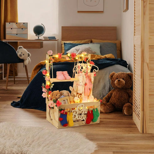 XIEJ Closet, 6 6 Wooden Baby Shower Crate Personalized Baby Gift Basket with Adjustable Handle, Include String Lights