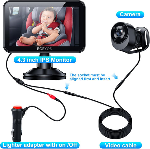 BOEYOS 4.3 inch 1080P Setup, Baby Car Mirror - Baby Car Camera HD - Rear Facing Car Baby Monitor with Night Vision