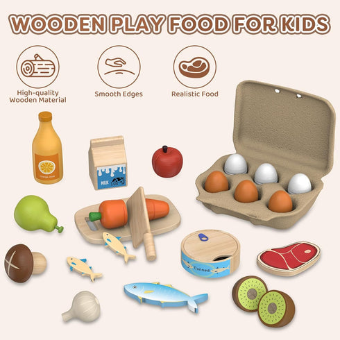 Set 3 Wooden Play Food Toys for Kids - Pretend Play Kitchen Accessories Toy for Toddlers, Cutting Fruits Vegetables