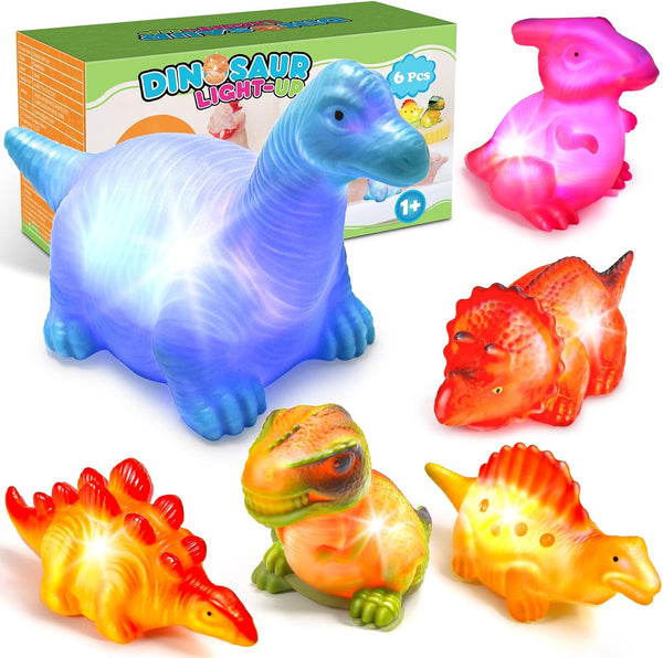 Baby Bath Toys for Toddlers 1-5, 6 Packs Light Up Floating Dinosaur Toys for Kids, Sensory Bathtub Games