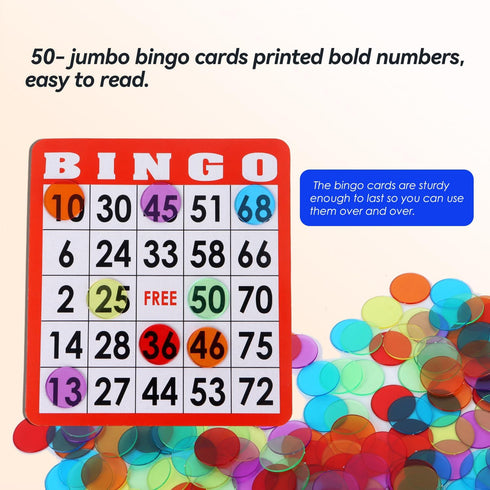 GSE Complete Bingo Game Set - 50 Bingo Cards, 500 Colorful Chips & Calling Cards for Parties and Game Night