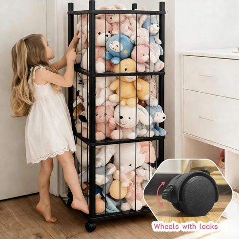 Wooden Stuffed Animal Zoo Storage - Sturdy Solid Wood Toy Organizer with Lockable Wheels, Easy-Assemble/Clean, Large