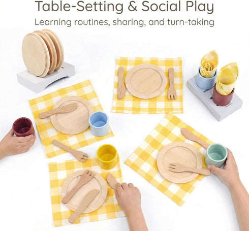 Table-Setting Set 21 3+ Pillowhale Wooden Learning Play for Kids Dinner Plates, Cups & Cutlery for Social Play Pcs