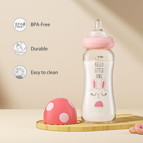 YOHKOH Natural Glass Baby Bottle with Natural Response Nipple, Clear, 8.8oz (Pack of 4), Multicolour
