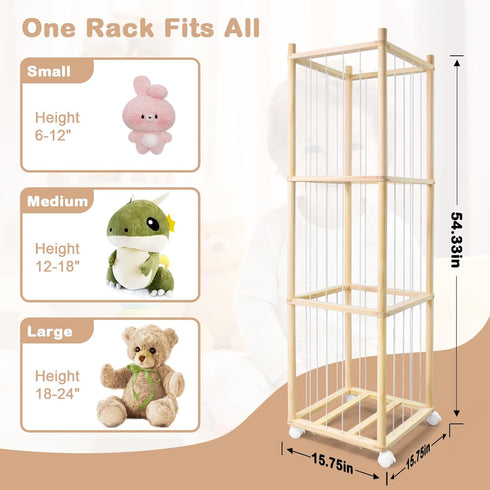 BENCHRY Bedroom-54.3 Inch Stuffed Animal Storage, Wood Stuffed Animal Zoo Storage with Brake Wheels, Space Save Toy
