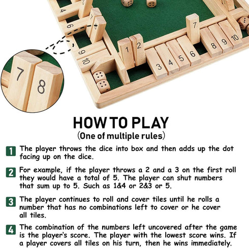(2-4 4 8 12 Inch Ropoda Wooden Shut The Box Game Players) - Large Sided Board, Dice, Rules - Amusing Addition Game