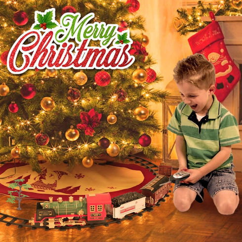 Mini Tudou Christmas Electric Train Set w/Steam, Sound & Light, Remote Control Train Toys with Steam Locomotive Engine,