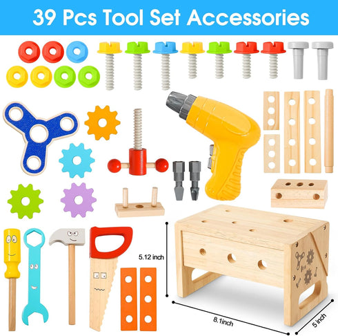 Set 39 3 4 5 6 Kids Tool with Electric Drill, Pcs Wooden Toddler Play Tool Bench Kits with Tool Box, Montessori STEM