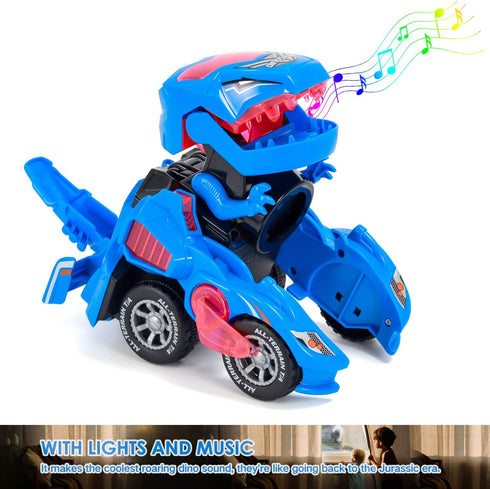 Transforming Dinosaur LED Car Toy, 2 in 1 Automatic Dino Transformer, Kids Ages 3-12, Blue, with Lamps