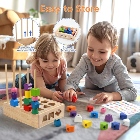 Montessori Educational Wooden Toys for Toddlers 3-5, Lacing Beads & Stacking Blocks, Shape Sorting Present with Storage