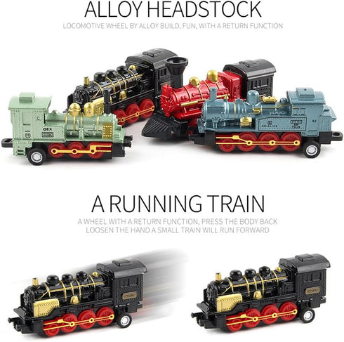 CORPER TOYS Mini Train Toy Die-Cast Pull Back Steam Train Model Set - 4 Packs (16 Pieces)