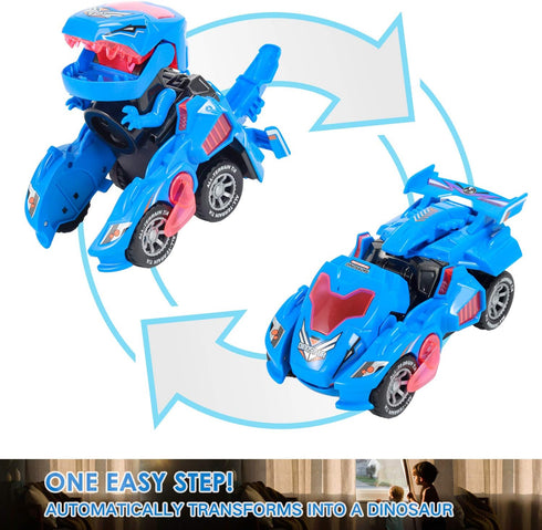Transforming Dinosaur LED Car Toy, 2 in 1 Automatic Dino Transformer, Kids Ages 3-12, Blue, with Lamps