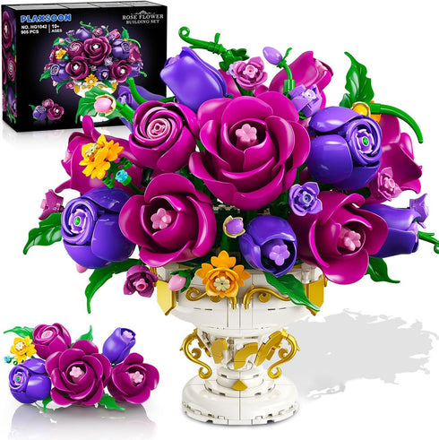 PLAXSOON Purple Rose Flower Building Set with Vase, 905 PCS Mothers Day