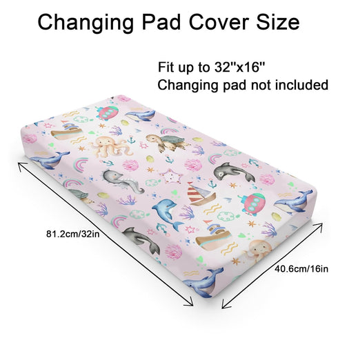 Colorful Sea Animals Baby Changing Pad Covers for Boys & Girls 32''x16'' Ocean Whale Dolphin Turtle Sea Horse Corals Unisex Fitted Changing Pad Sheets Nautical Life Soft Diaper Change Table Mats