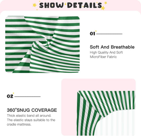 Jihqo 52" 28" Green White Stripes Crib Sheets for Boys Girls Soft Breathable Mini Crib Sheets for Baby x